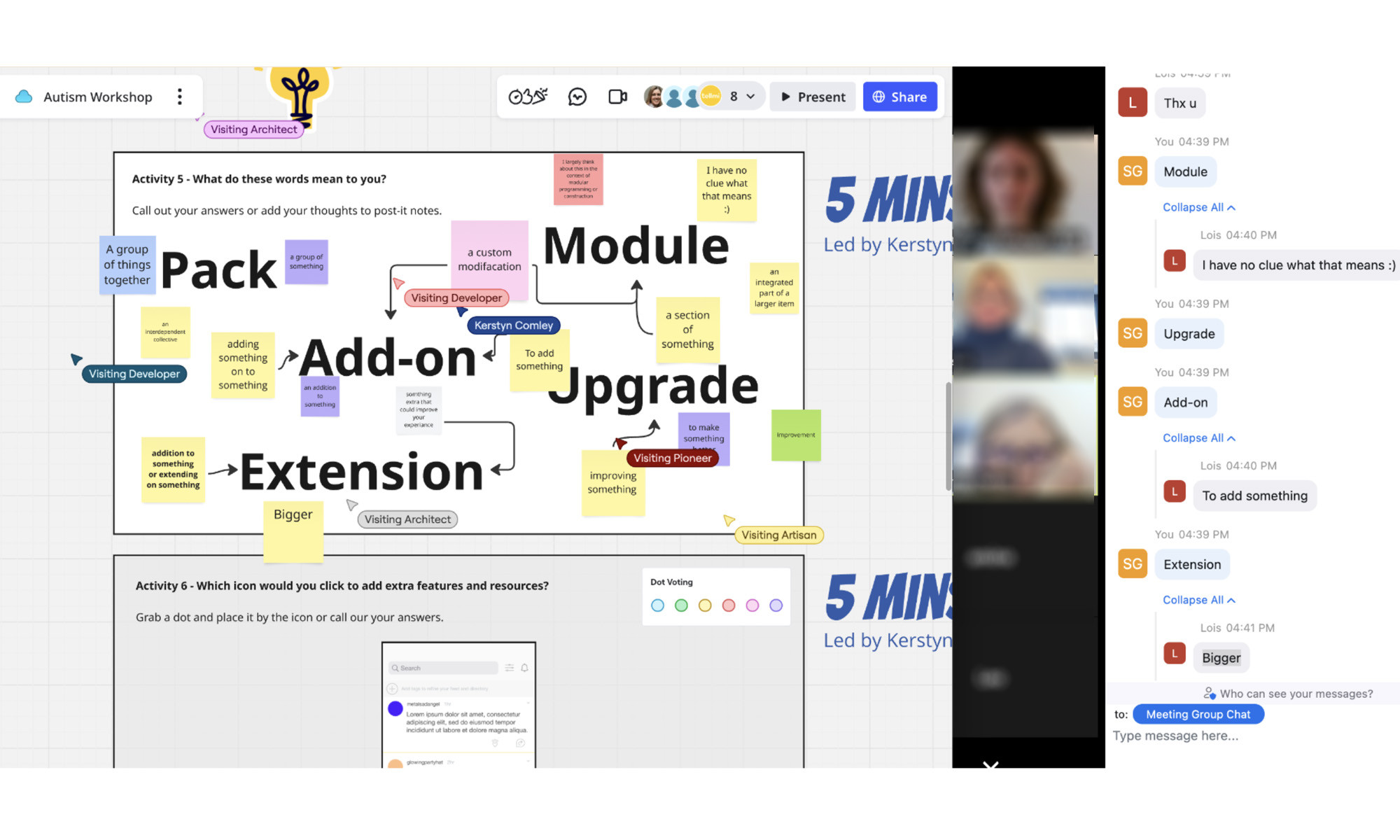 A screenshot from a video call with the Ambitious About Autism testing group. The screen shows an activity with the words 'pack', 'add-on', 'Module, 'Extension' and the videos of participants which has been blurred for anonymity.