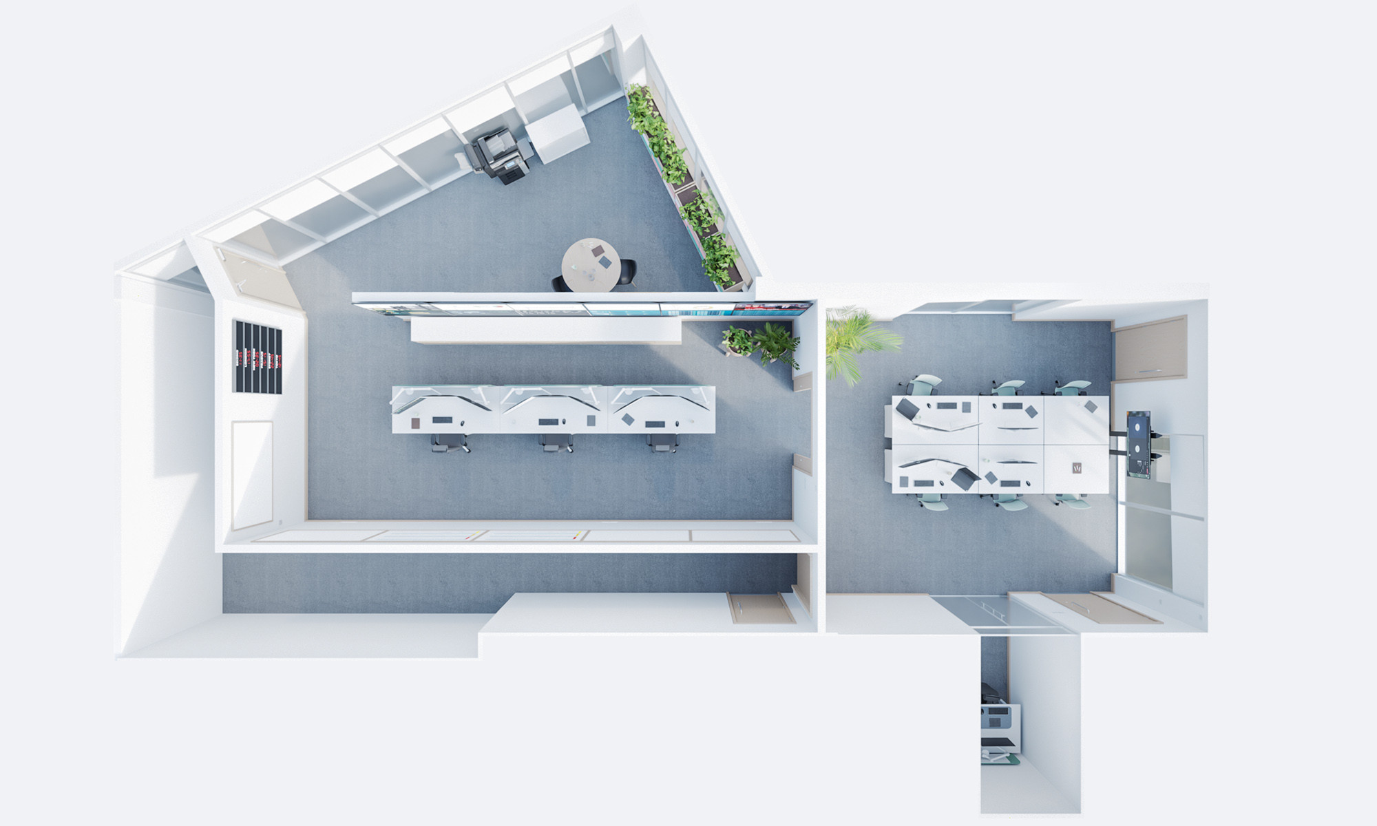 Birds eye view of control room layout showing distinct divisions