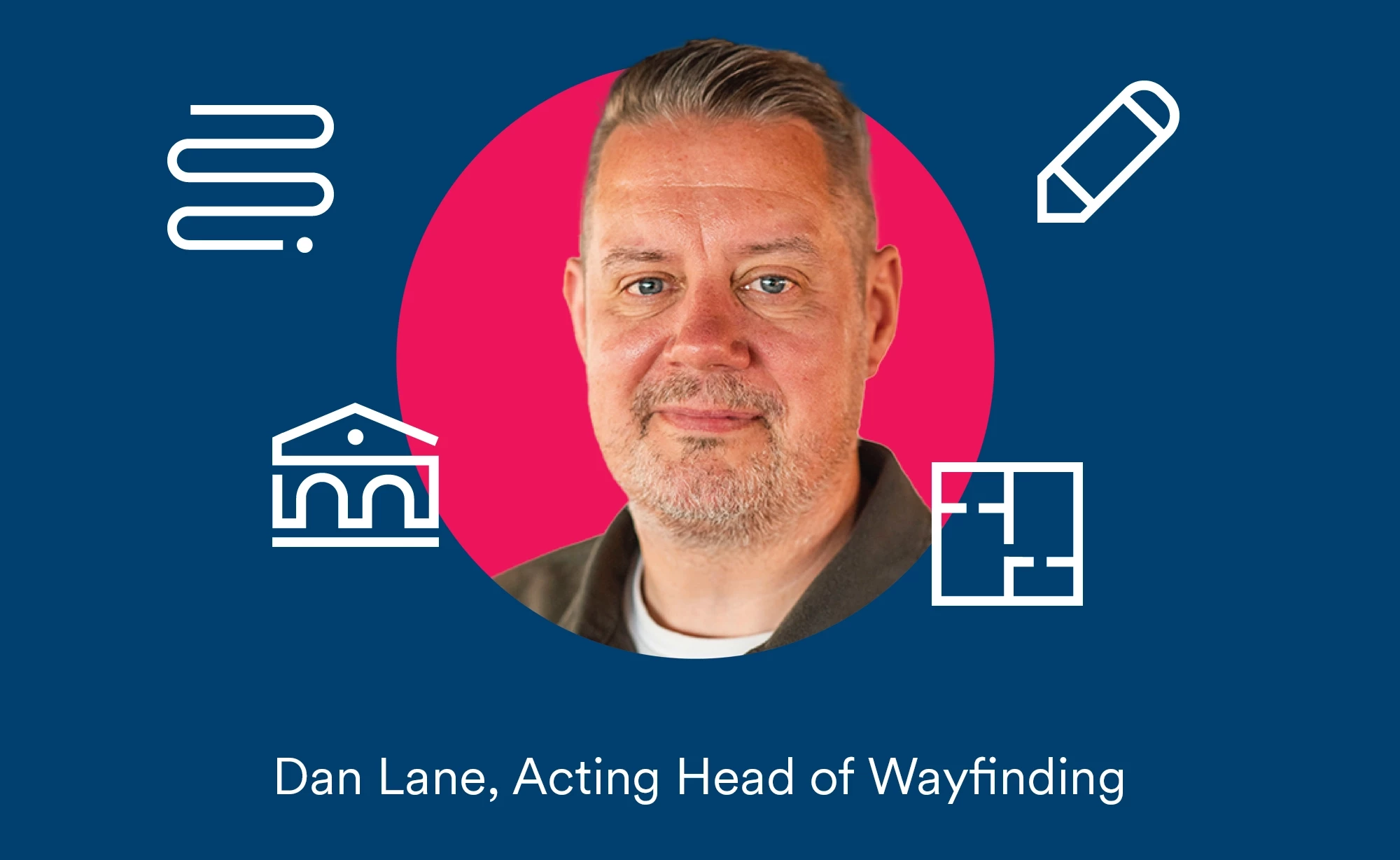 A headshot of an Lane, Acting Head of Wayfinding at Mima within a red circle, on a navy blue background, which is surrounded by small white graphical icons including a wayfinding map symbol.