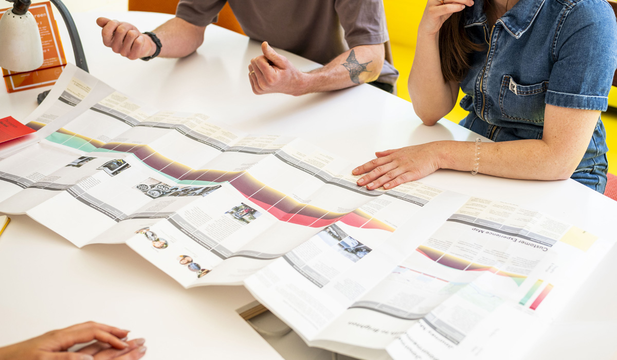 A printed journey map is laid out on a table showing different touchpoints in the visitor journey.