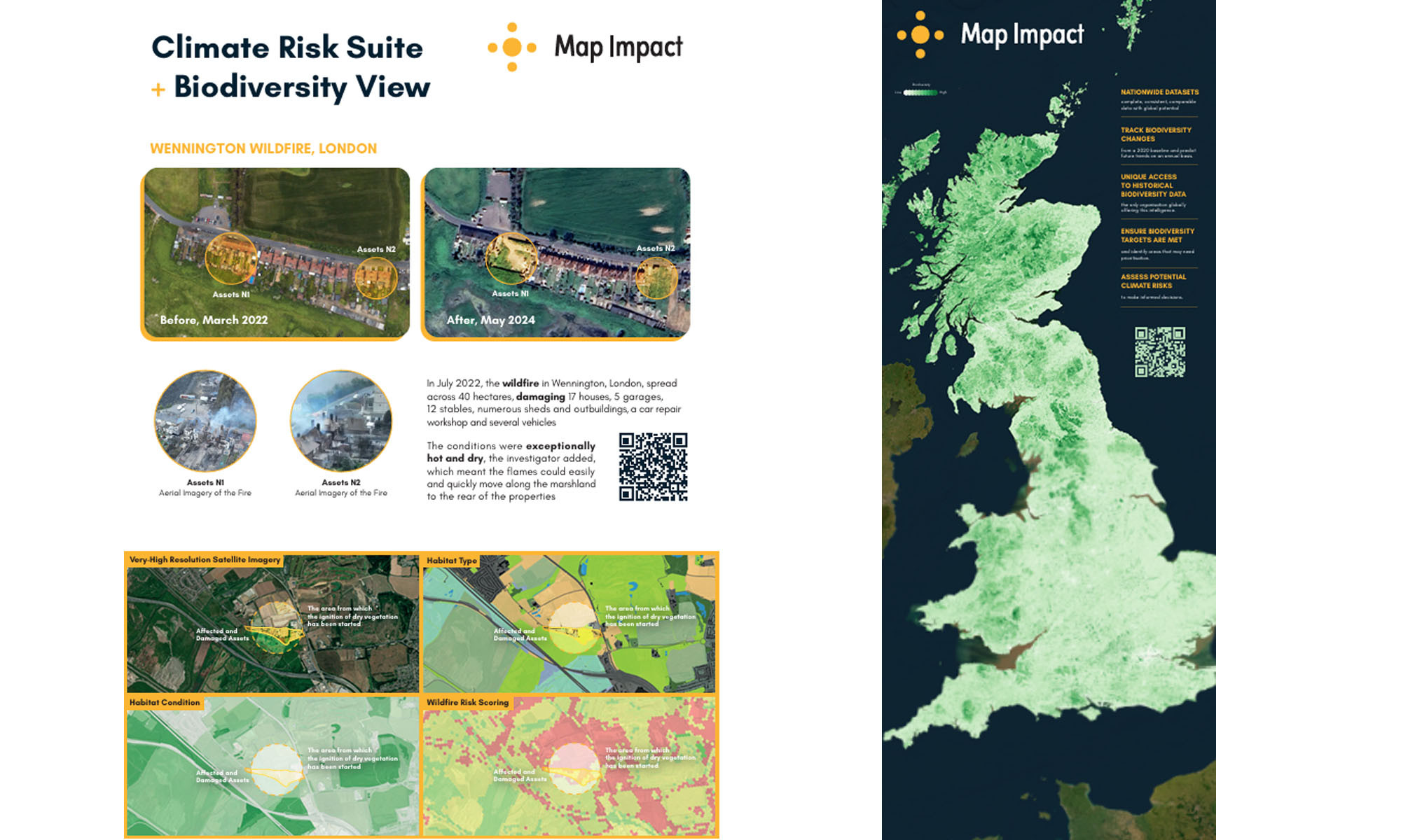 Split image showing two posters created for Map Impact. The first shows satellite images of the Wennington wildfire in London, with a title 'Climate Risk Suite + Biodiversity view' and the second image shows a satellite map of the UK with biodiverse areas highlighted in varying shades of green.