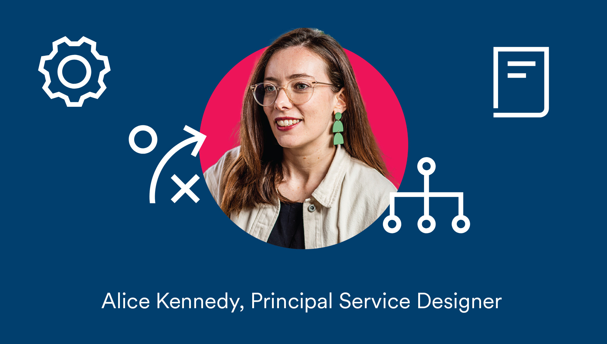 A blue background with a red circle in the centre with a cut out headshot of Alice, a member of the team at Mima smiling at the camera. Around the graphic white icons depict symbols used in experience and behavioural design such as a journey mapping icon and a questionnaire.