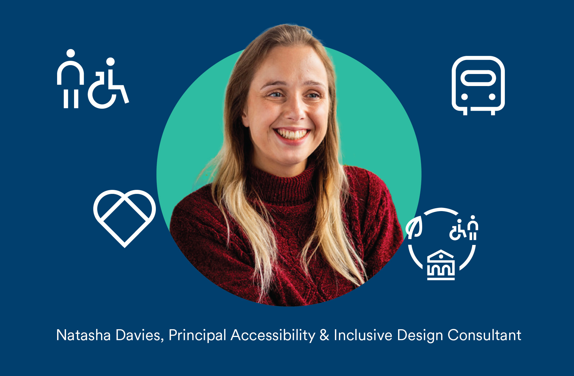 Natasha Davies, Principal Accessibility & Inclusive Design Consultant at Mima, on a blue background under a header A mima moment with. White graphical icons depicting inclusion and equality surround the graphic image.
