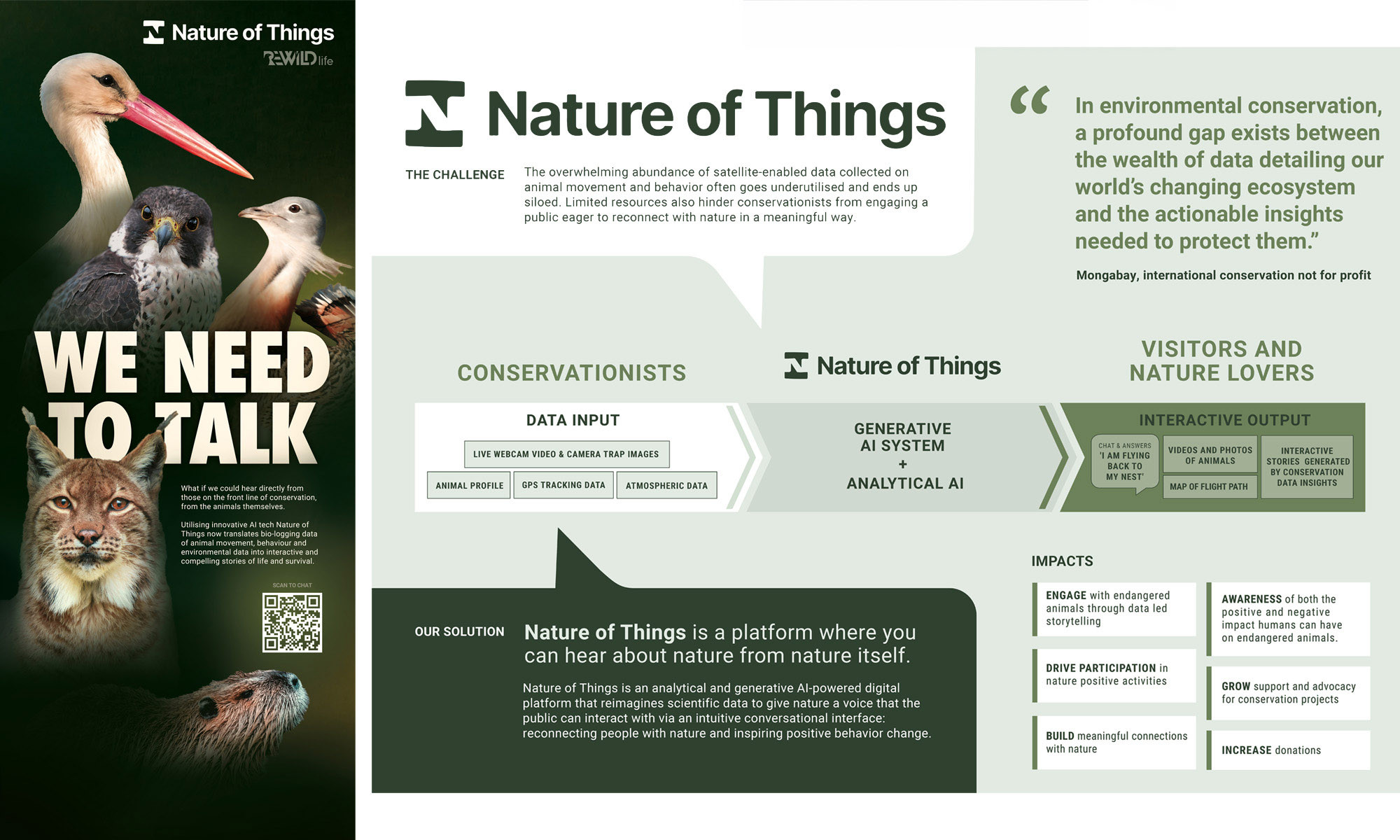 Split image showing two posters created for REWILDlife. The first has birds and animals surrounding the text 'We need to talk', the second shows the process between conservationists, Nature of things and the visitor, detailing challenge, solution and impact.