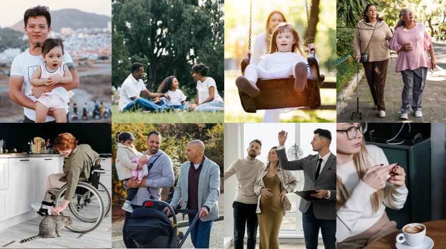 The cover of the RIBA Inclusive Design Overlay showing a grid with 8 images of people demonstrating some of the nine protected characteristics of: age, disability, gender reassignment, marriage and civil partnership, pregnancy and maternity, race, religion or belief, sex, and sexual orientation.