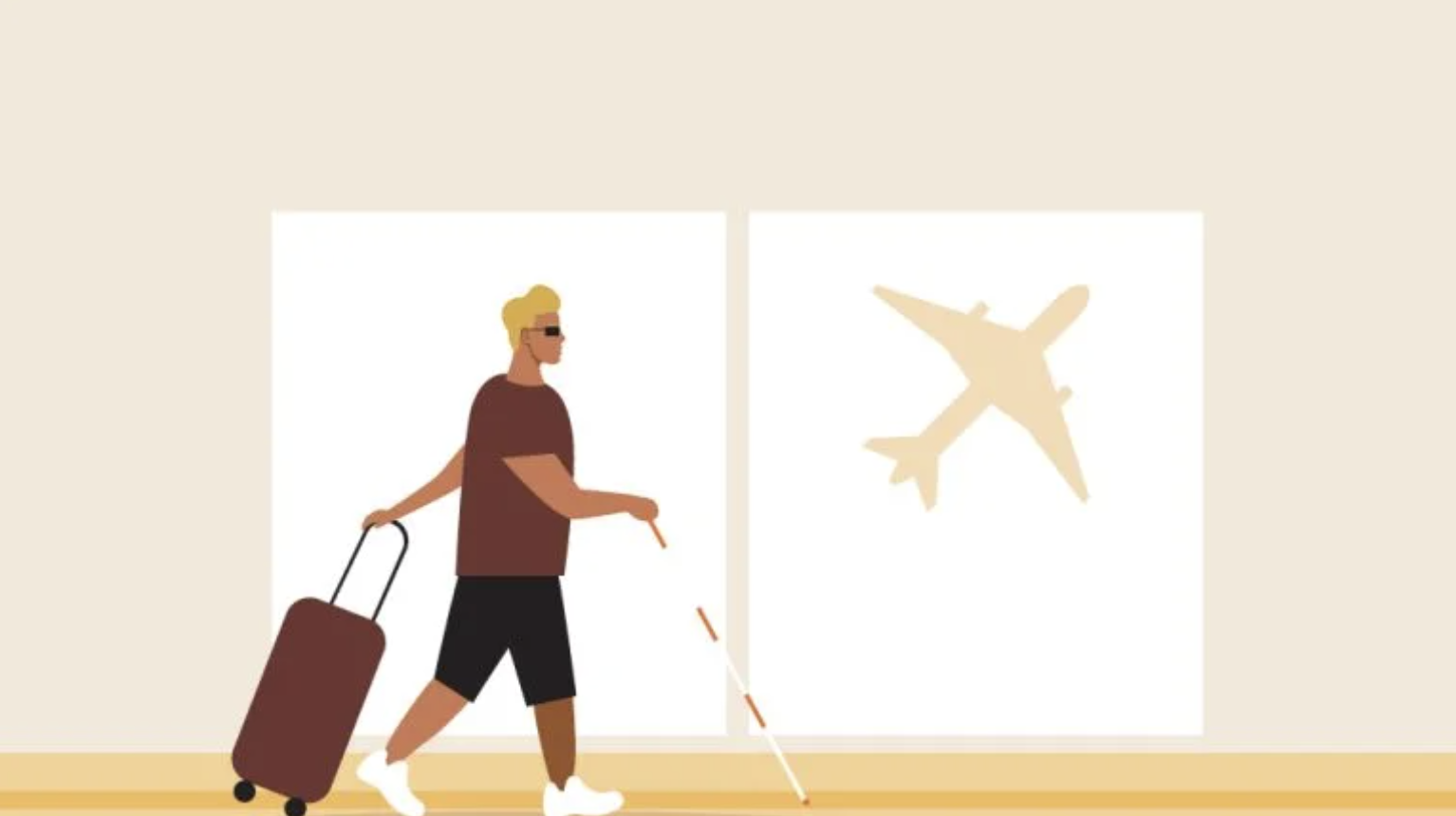 A graphically designed image of a visually impaired man walking through an airport