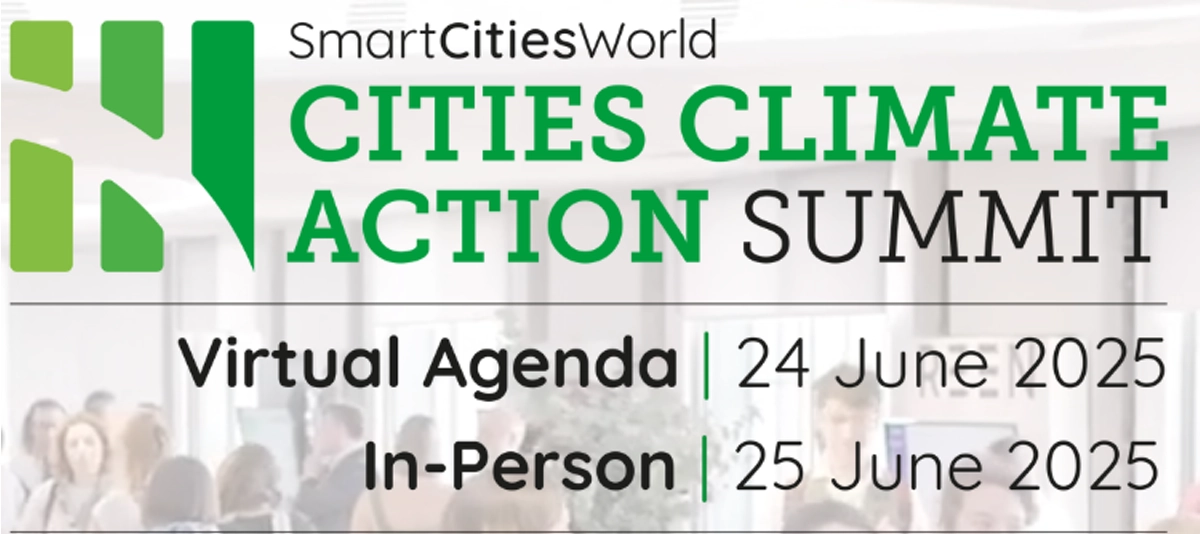 A poster showing the Smart Cities World, Cities Climate Action Summit virtual agenda and in person dates from 24-25th June 2025
