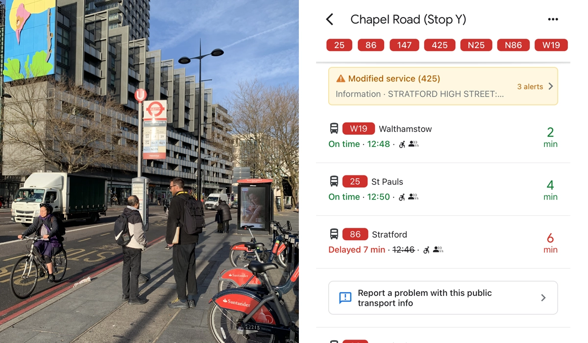 A split image showing a busy London road on the left where Adam a member of the team at Mima talks to a bus passenger at a bus stop on the pavement. On the right a screenshot of an app showing bus arrival times.