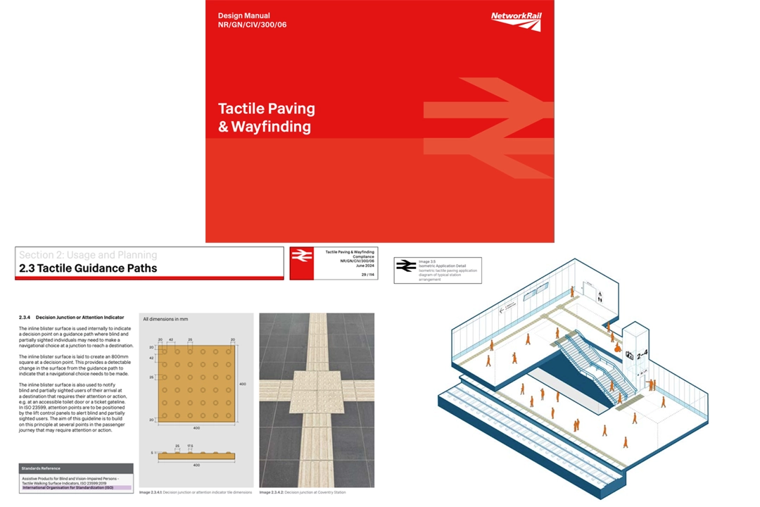 Pages from the Network Rail Tactile Paving guidance documentation showing detailed guidance paths within the station and the front cover of the documentation