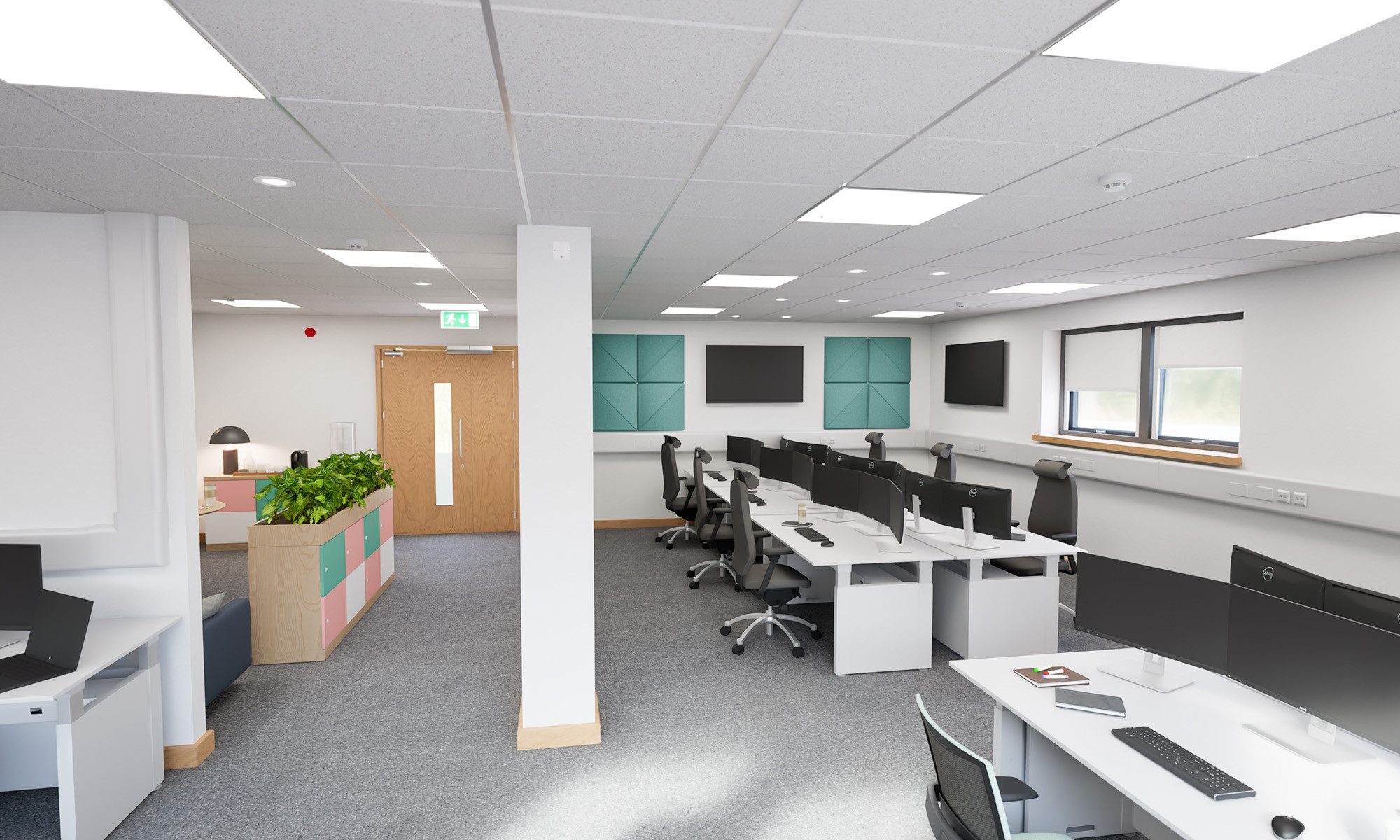 Control Room view with divided workspace areas and biophilic elements such a planting and sound proof wall panels