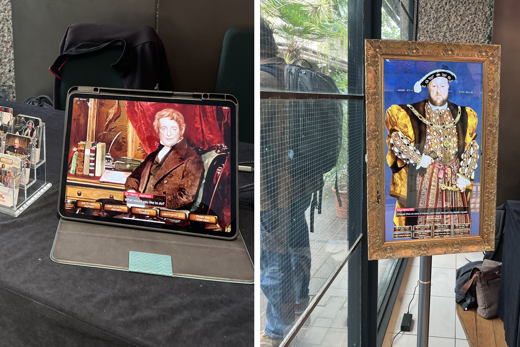 Split image showing two examples of digital artefacts used in museums. A smaller laptop screen with images on and a large portrait of Henry VIII