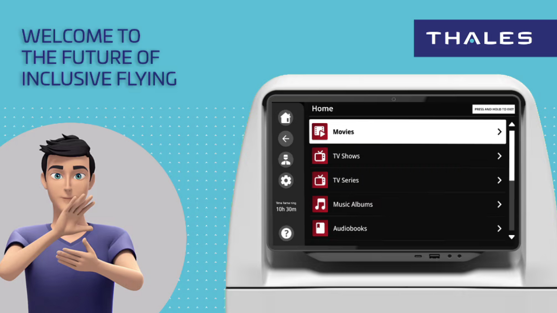 A screenshot of Thales’ accessible user interface for their award-winning in-flight entertainment