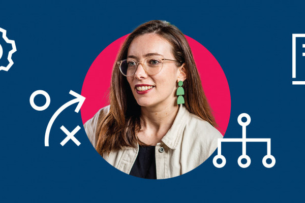 A blue background with a circular image of a woman with glasses. Surrounded by white icons showing symbols used in service design including a questionnaire and a journey mapping symbol.