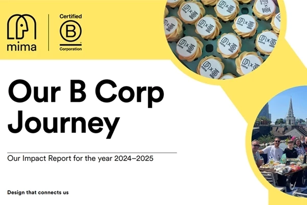 Title slide for Mima's B Corp Impact Report for 2024-2025. The title reads Our B Corp Journey and shows two circular images, the Mima team on a London rooftop, and some cupcakes with the Mima and B Corp logo