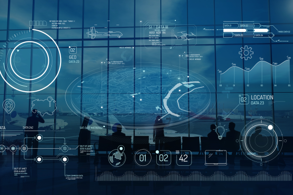Futuristic airport terminal scene with silhouetted travelers and airplanes, overlaid with digital interface graphics showing maps, charts, data points, and location indicators.