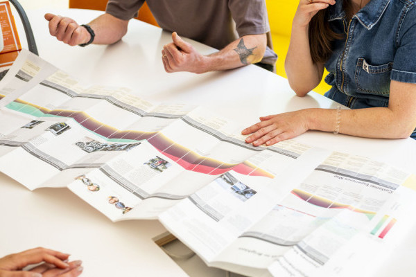 A printed journey map is laid out on a table showing different touchpoints in the visitor journey.