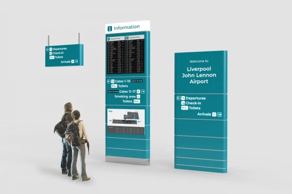 A render showing a man and woman looking at signage information designed at Liverpool John Lennon airport
