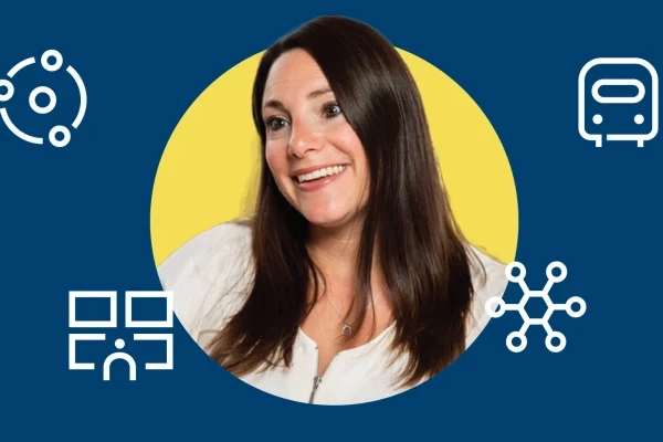 A headshot of Fran Podmore, Head of Human Factors at Mima, on a yellow circular background, placed on a dark blue background with white graphical icons.