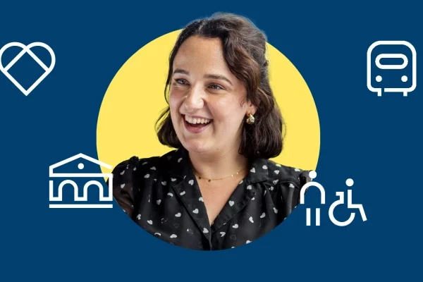 A headshot of Mel Barber, Accessibility Consultant at Mima within a yellow circle, on a navy blue background, which is surrounded by small white graphical icons including the outline of a museum, a train, a heart symbolising inclusivity and an outline of a person standing and in a wheelchair.
