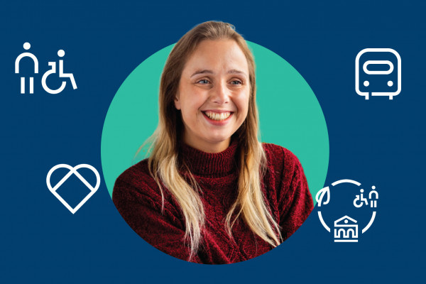 Natasha Davies, Principal Accessibility & Inclusive Design Consultant at Mima, on a blue background.  White graphical icons depicting inclusion and equality surround the graphic image.