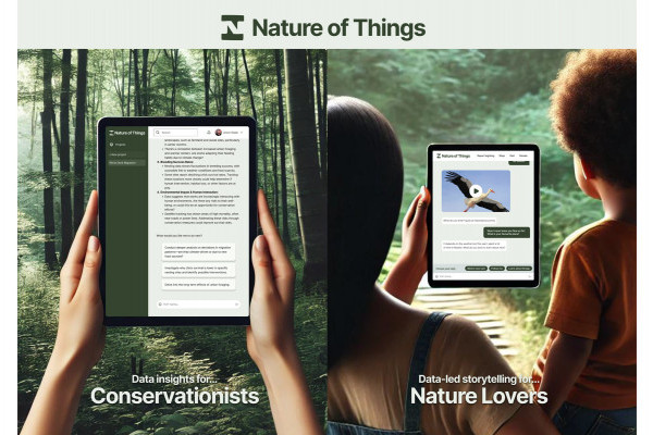 Posters created for REWILDlife - Split-screen image showing a person holding a digital tablet with a forest in the background. On the left, a person views the 'Nature of Things' platform interface displaying scientific data insights, labeled 'Data insights for Conservationists.' On the right, a child and adult view an animated bird video and chatbot on the same platform, labeled 'Data-led storytelling for Nature Lovers.
