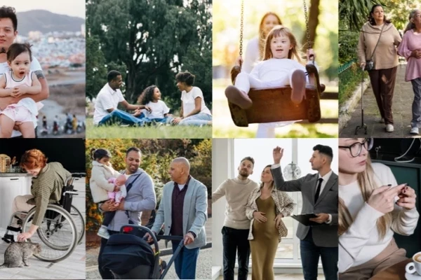 The cover of the RIBA Inclusive Design Overlay showing a grid with 8 images of people demonstrating some of the nine protected characteristics of: age, disability, gender reassignment, marriage and civil partnership, pregnancy and maternity, race, religion or belief, sex, and sexual orientation.
