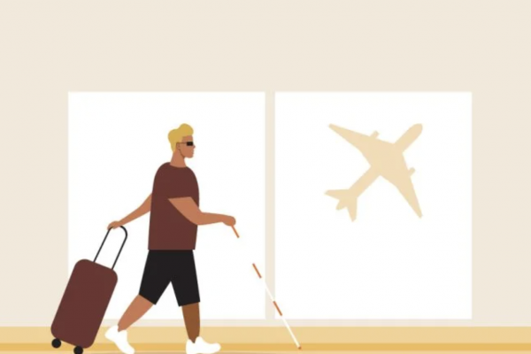 A graphically designed image of a visually impaired man walking through an airport