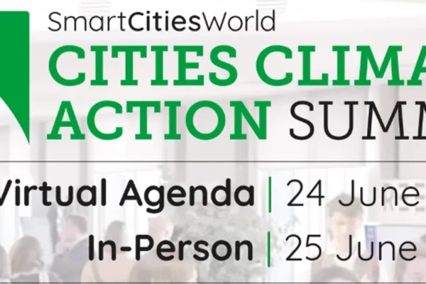 A poster showing the Smart Cities World, Cities Climate Action Summit virtual agenda and in person dates from 24-25th June 2025