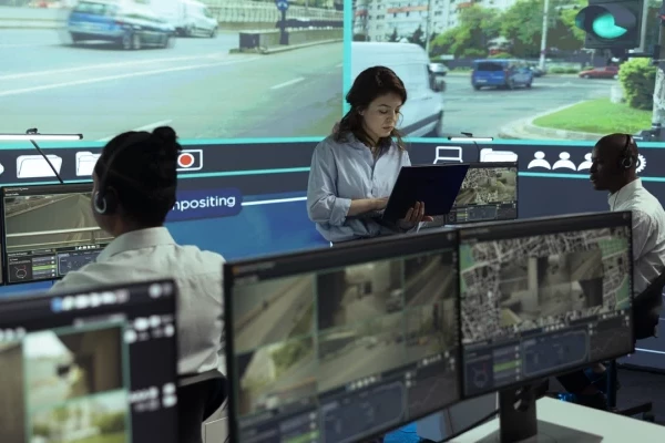 Team of control centre employees in a control room looking at screens with cars in traffic, monitoring urban activity in the city via CCTV surveillance footage on security cameras.