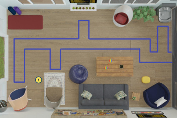 A render image of a calm space design in a railway station, showing a marking on the floor to ensure correct dimensions for wheelchair accessibility.